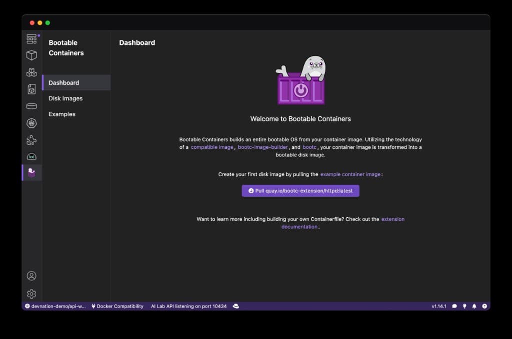 The Bootable Containers dashboard in Podman Desktop