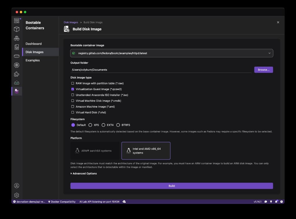 Configuring parameters and disk image type to build from the bootable container image