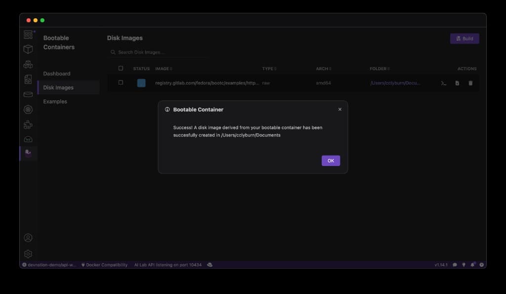 Successfully building a bootable container disk image from Podman Desktop