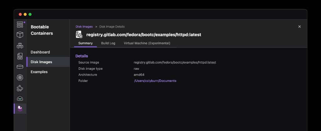 Detailed view of the bootable container disk image
