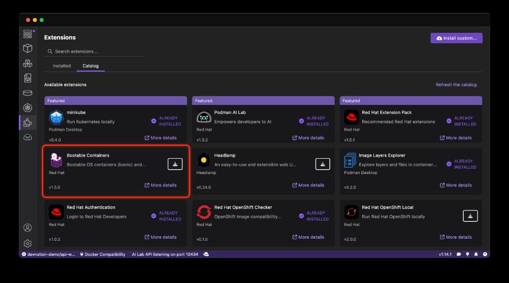Install the Bootable Containers extension for Podman Desktop