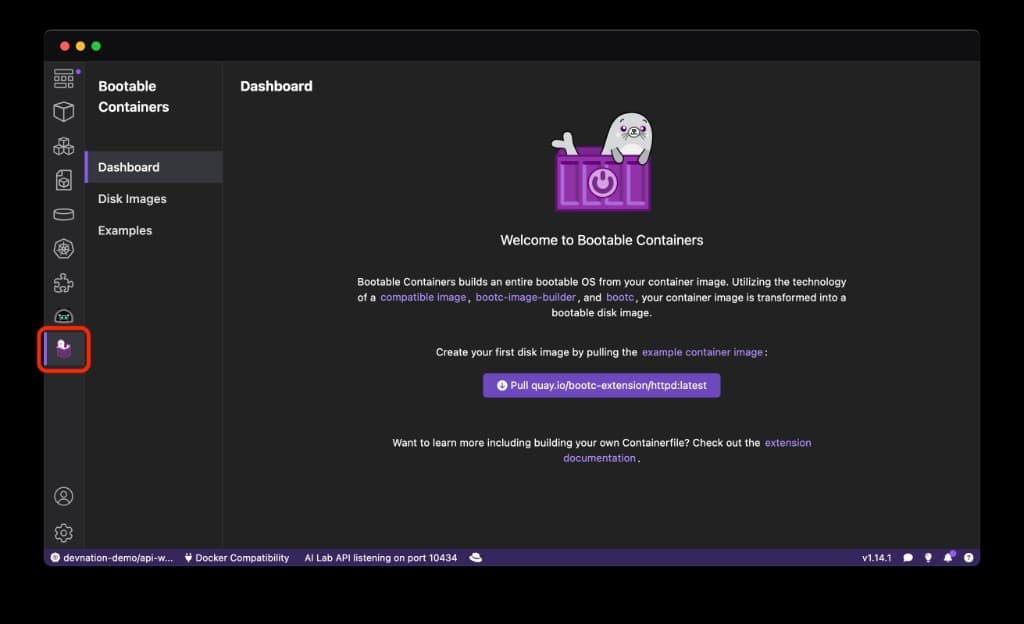 The Bootable Containers extension in the Podman Desktop sidebar