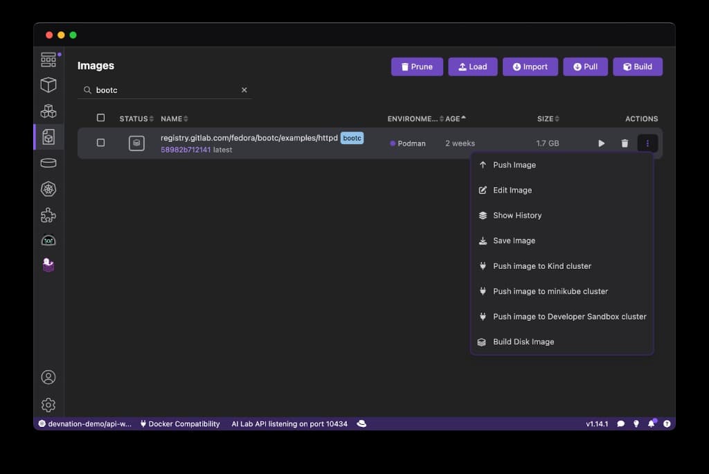 Multiple options for working with the bootable container image in Podman Desktop