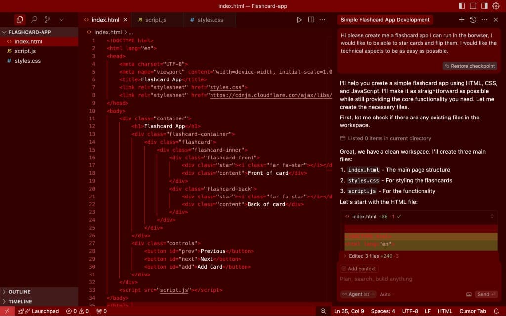 Cursor generating a flashcard app with HTML, CSS, and JavaScript from a single prompt