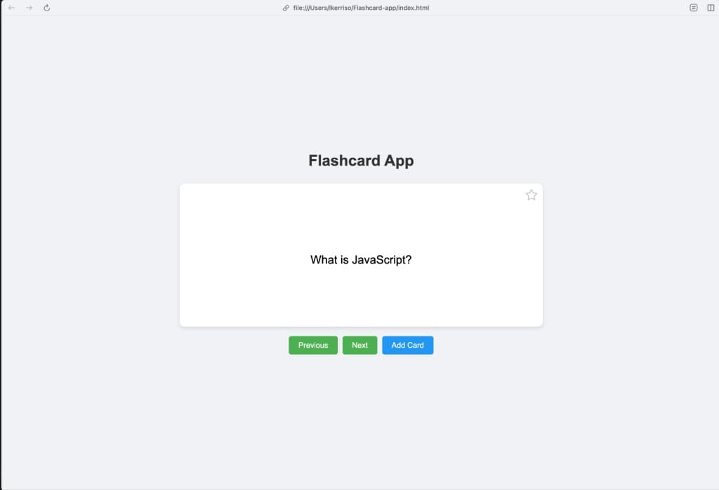 The finished flashcard app running in the browser with flip and favorite functionality