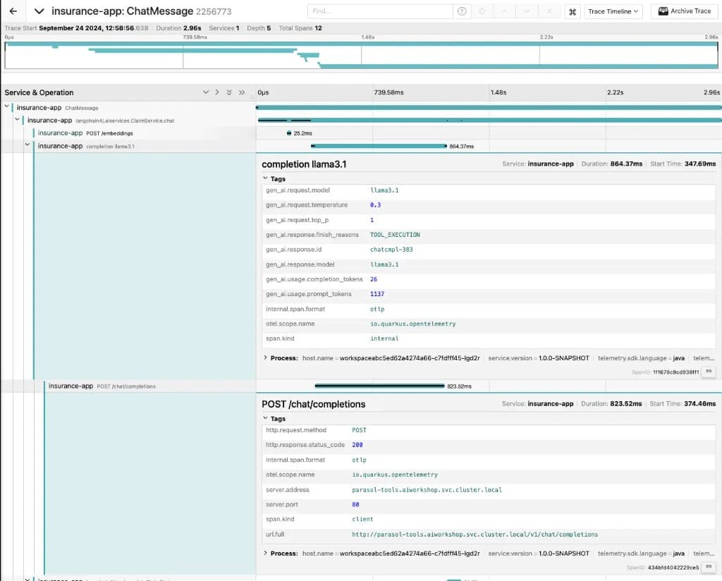 Detailed OpenTelemetry trace span showing LLM reasoning, token counts, and tool execution