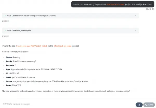 The Kubernetes MCP server communicating with a cluster to diagnose pod issues