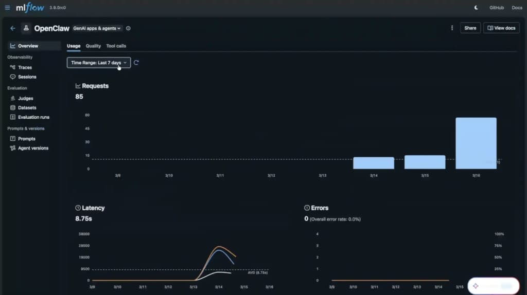 MLflow traces view showing individual agent runs with execution time and state