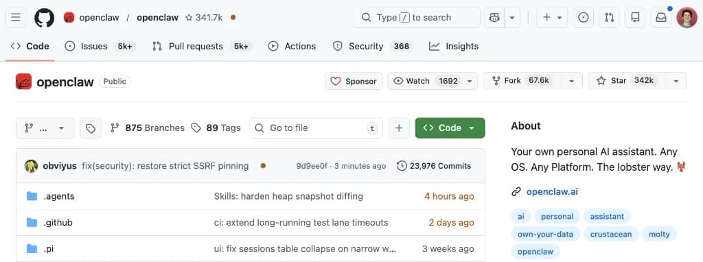 OpenClaw's GitHub repository showing rapid star growth