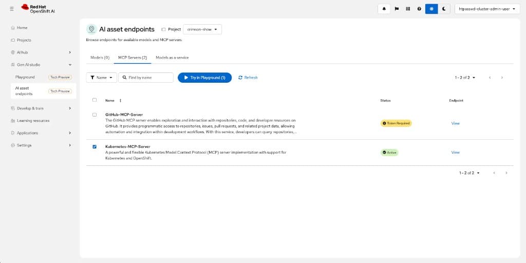 OpenShift AI's asset playground allows teams to select, stage, and deploy MCP Servers