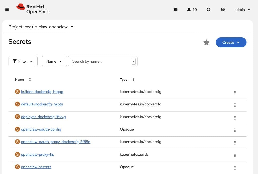 Kubernetes Secrets in OpenShift for managing OpenClaw credentials
