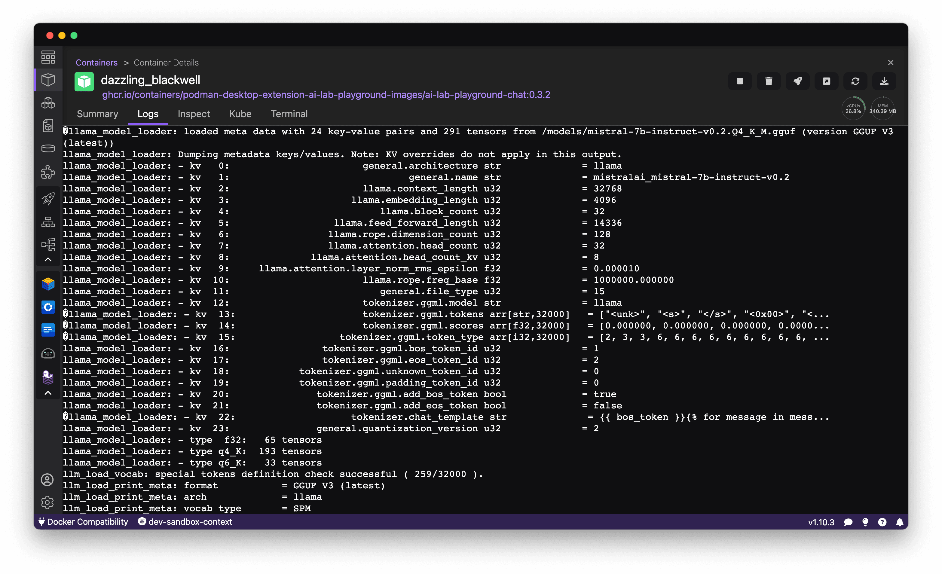 Podman Desktop managing the llama.cpp server within a container
