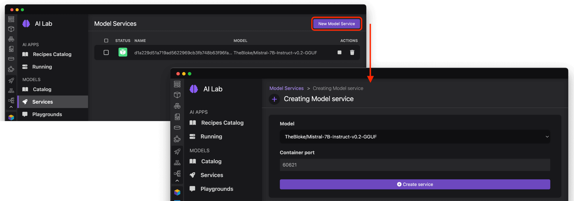 Creating a new Model Service in Podman AI Lab