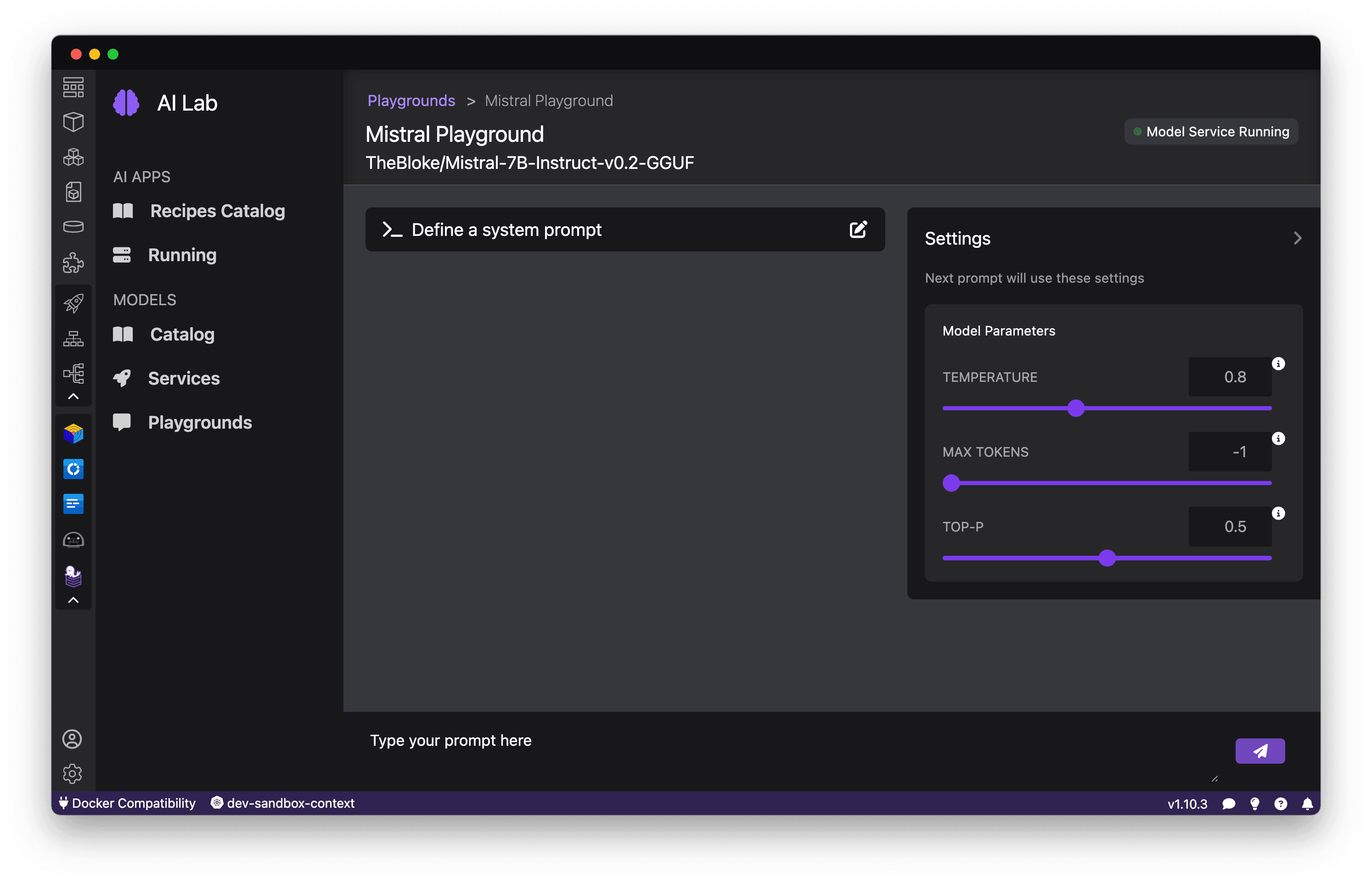 Podman AI Lab's Playground interface
