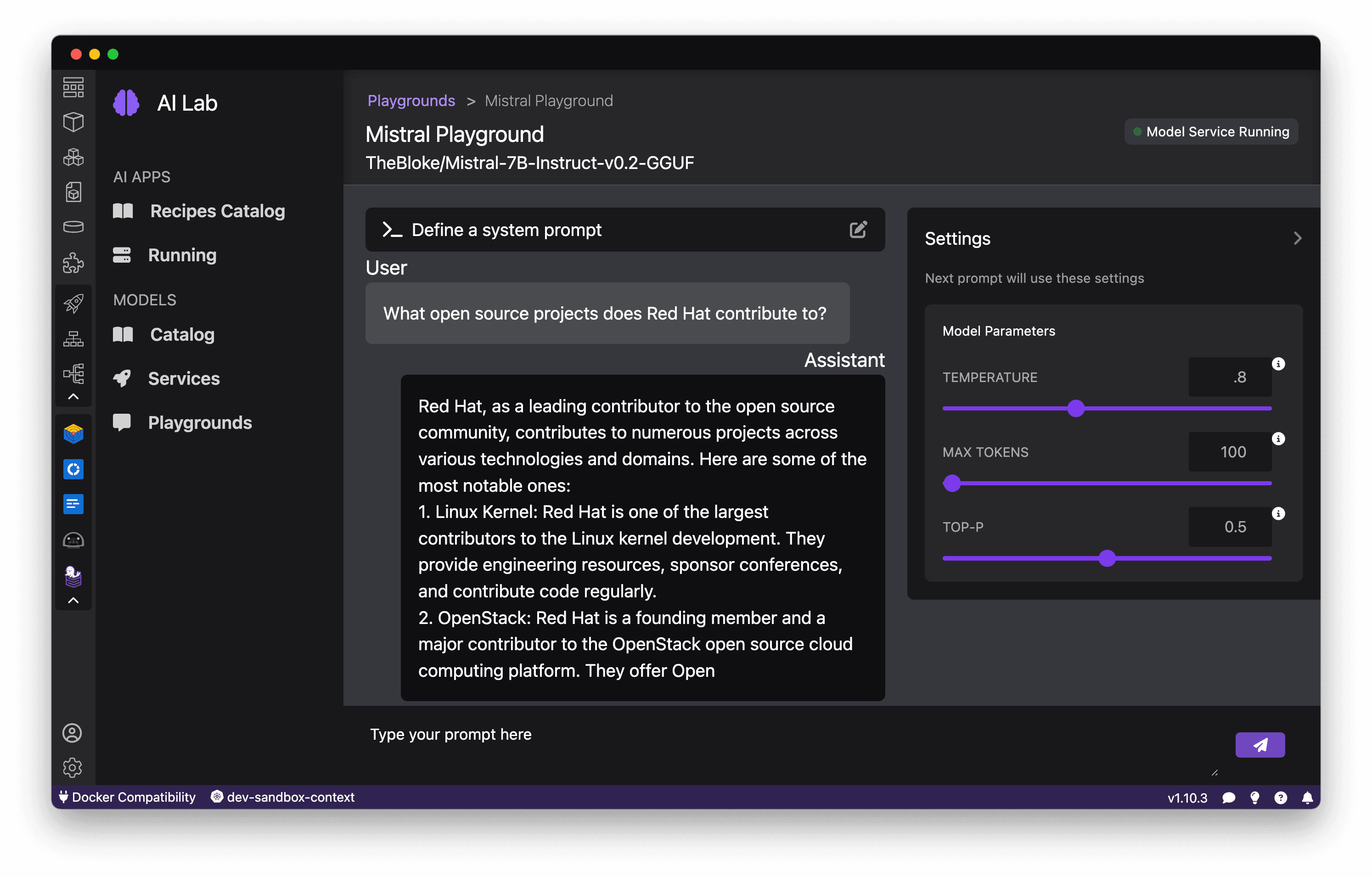 Prompting the model in the AI Lab playground