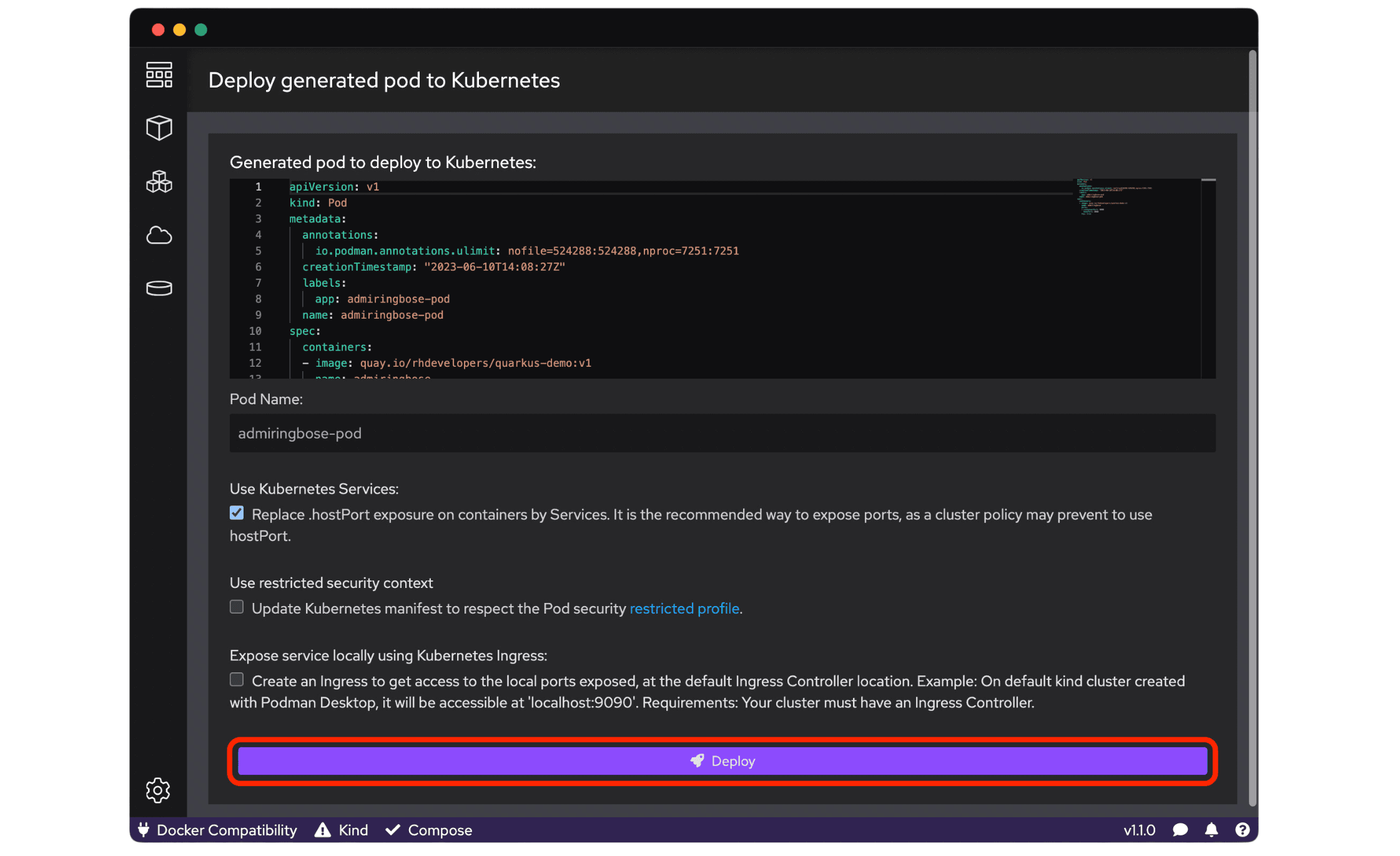 Click Deploy to create the pod in your Developer Sandbox.