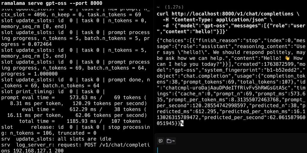 Serving a model with RamaLama and testing the OpenAI-compatible API with curl