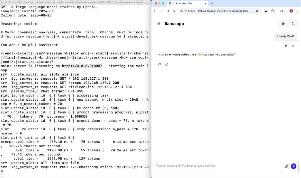 Serving the gpt-oss model locally using RamaLama and testing the local web interface