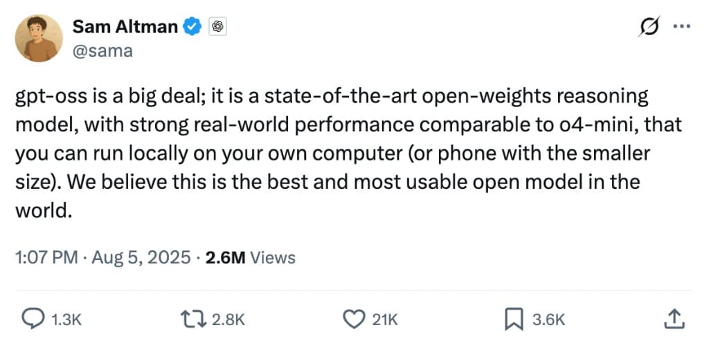 OpenAI's Sam Altman promoting the gpt-oss model on X